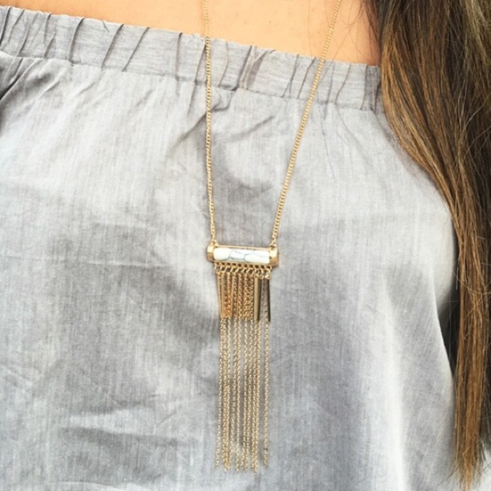 Marbled White Stone Tassel Necklace - Picture 2 of 2